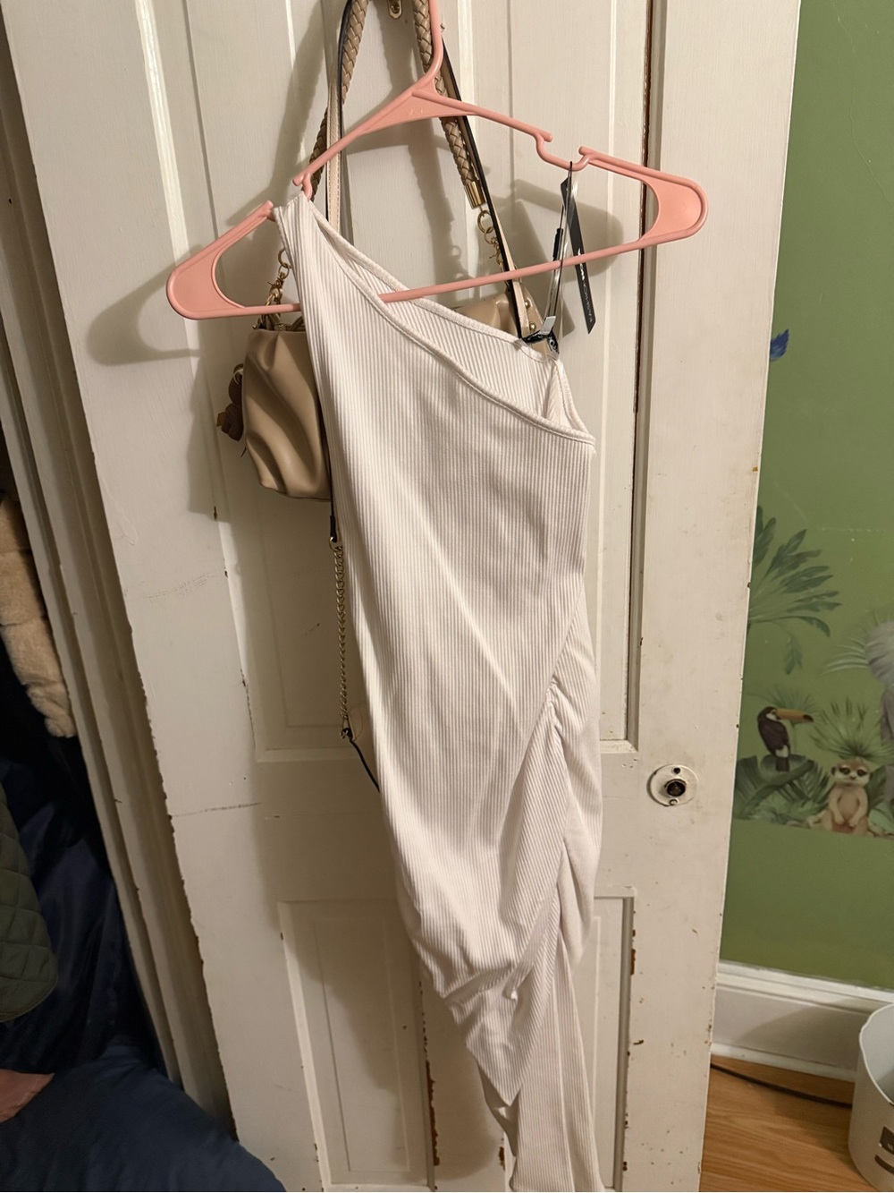 Fashion Nova One-Shoulder Ribbed Cream Maxi Dress